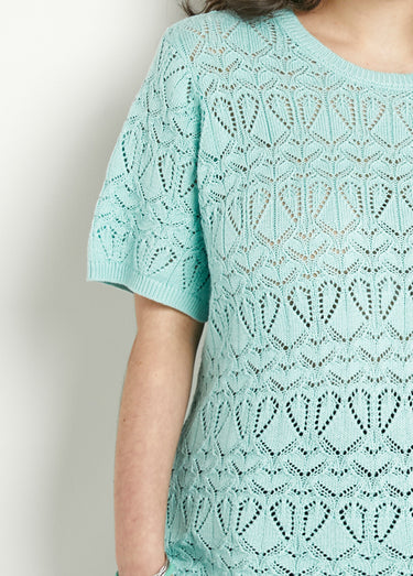 Pull fin ajouré coton manches courtes Vert d'eau