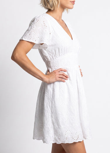 Robe courte col V et broderie anglaise Blanc