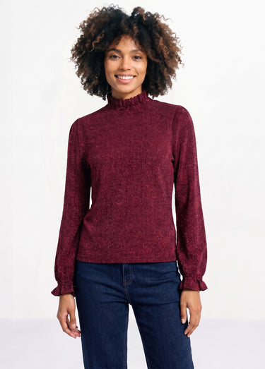 T-shirt col montant col et poignets smockés Bordeaux