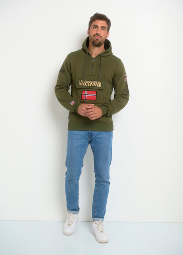 Sweat à capuche demi zip manches longues Kaki