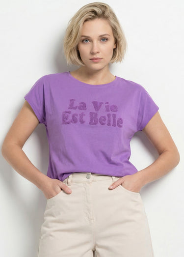 T-shirt uni col rond message bouclette Violet