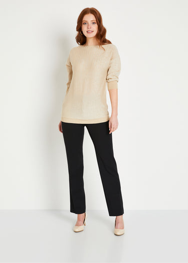 Pull mi-long uni brillant manches 3/4 col bateau Beige Irise