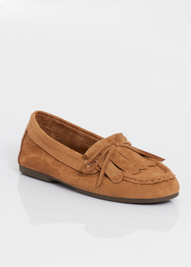 Mocassins semelle plate, dessus franges Camel