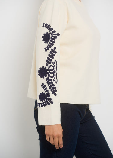 Pull manches avec broderies fantaisie Ecru