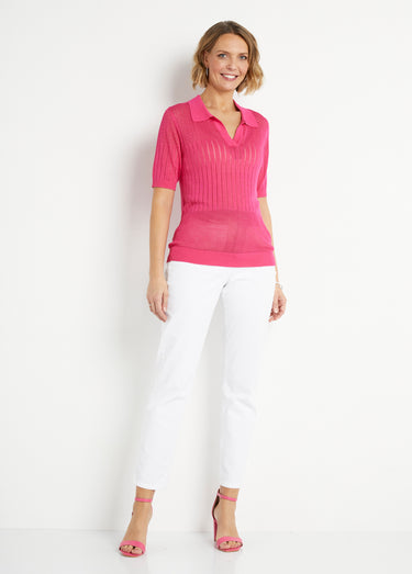 Pull fin col polo ajouré manches courtes Fuchsia