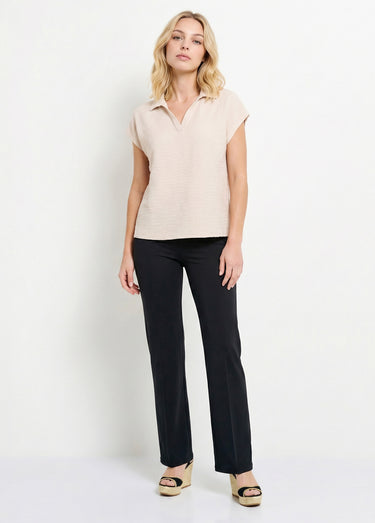 T-shirt col chemise uni manches courtes Sable