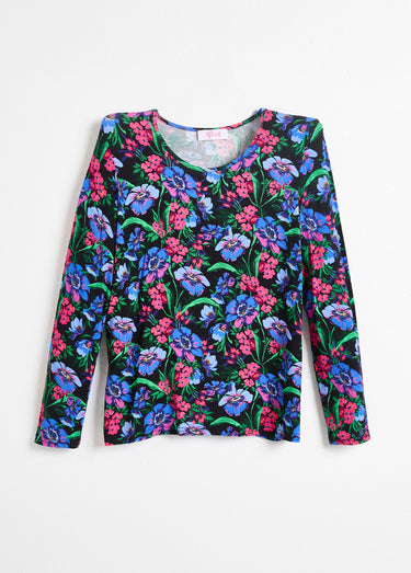 T-shirt droit col rond manches longues fleuri Fuchsia/Bleu