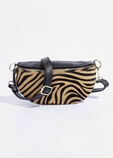 Sac banane bi-matière cuir uni et zébré Camel