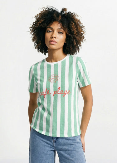 T-shirt rayé col rond message Café plage Vert/Blanc