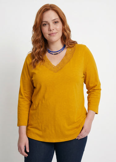 T-shirt manches 3/4 coton et macramé Miel
