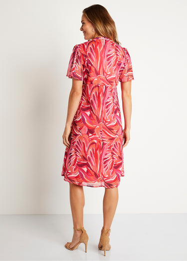 Robe courte évasée motif feuilles Fuchsia/Rose