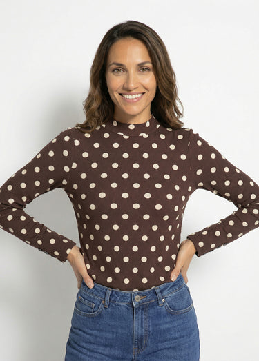 T-shirt cotelé à pois et col montant Chocolat