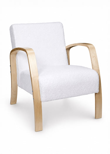 Fauteuil bouclette accoudoirs bois Blanc/Marron
