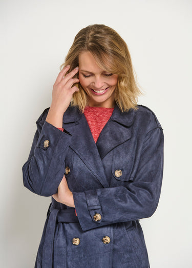 Trench long aspect suédine Bleu Marine