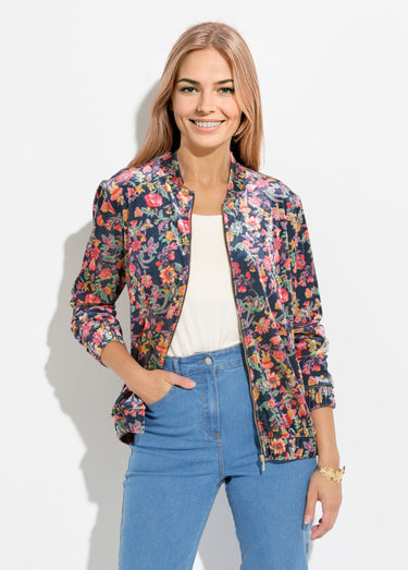 Blouson bombers zippé velours ras fleuri Marine/Rose