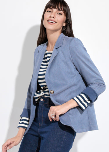 Veste col tailleur 1 bouton twill souple Bleu