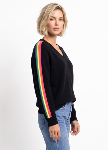 Pull col V manches lignes multicolores Noir