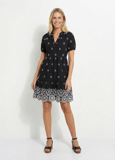 Robe courte ample coton brodé Noir / Blanc