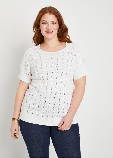 Pull manches courtes ajouré Blanc