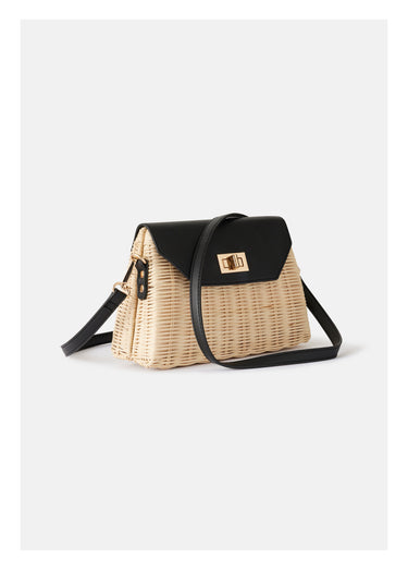 Sac besace bicolore rotin tressé Naturel / Noir