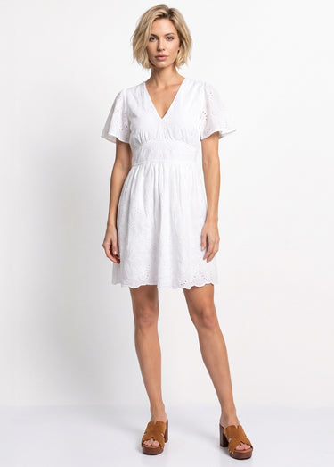 Robe courte col V et broderie anglaise Blanc