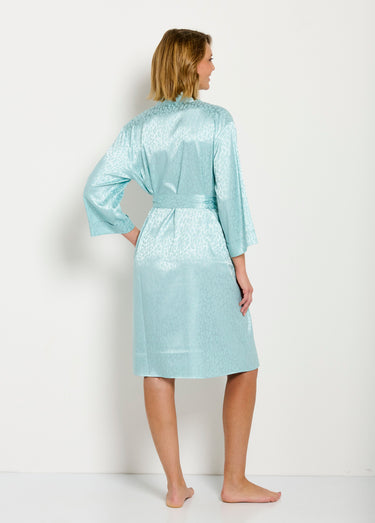 Peignoir kimono satiné mi long imprimé léopard Menthe
