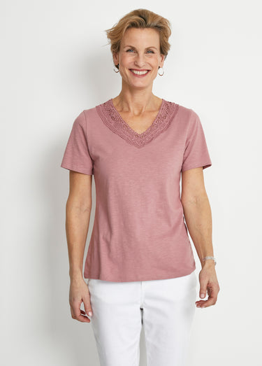 T-shirt manches courtes coton et macramé Rose