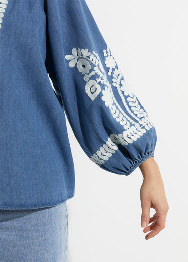 Blouse denim avec broderies fleurs Bleu Jean