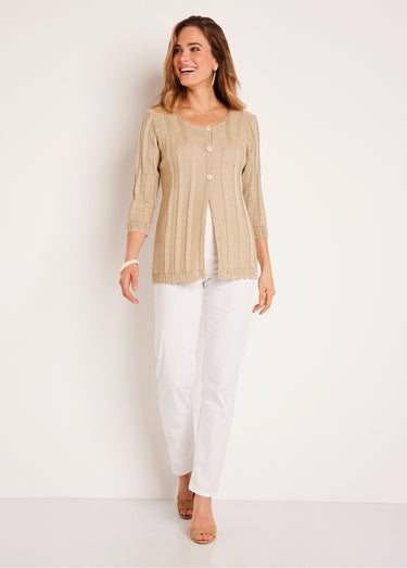 Cardigan boutonnée long ajouré Ficelle