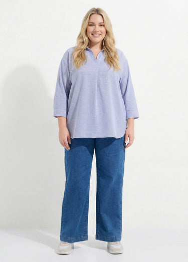 Blouse col V en seersucker fines rayures Raye Bleu