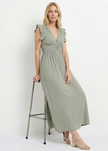 Robe longue sans manches taille plissée Kaki