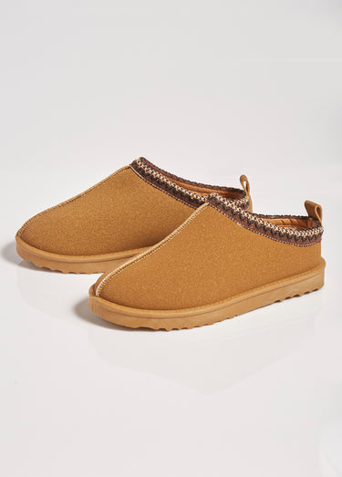 Mules suédine plates détails ethniques Camel