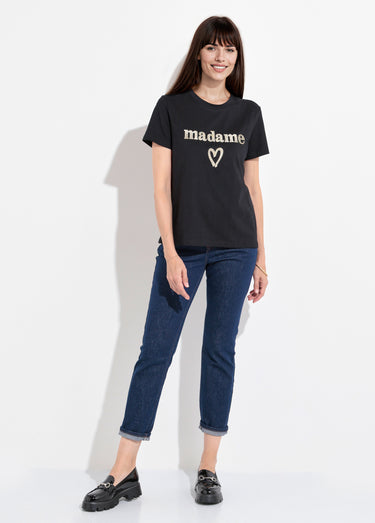 T-shirt col rond broderie métallisée Madame Noir
