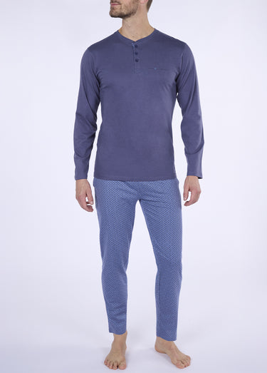 Pyjama long 2 pièces coton petits motifs Bleu