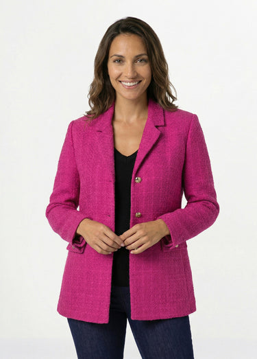 Veste droite boutonnée tissu natté col tailleur Fuchsia