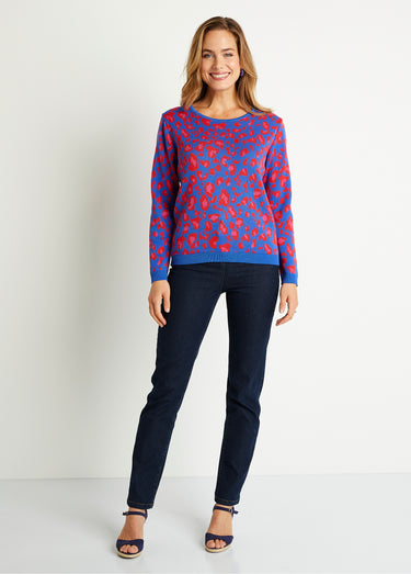 Pull motif léopard col rond Bleu
