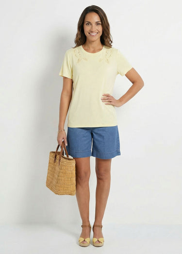 T-shirt coton brodé ajouré col rond Jaune