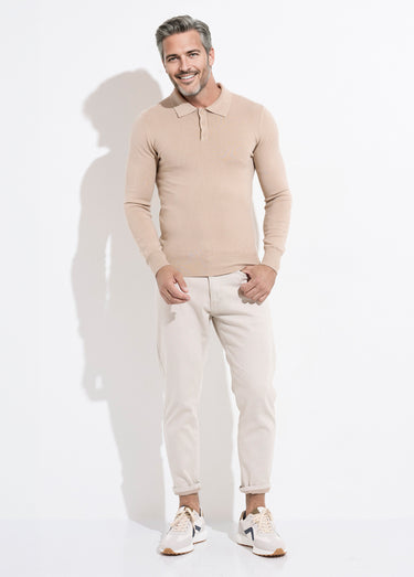 Pull coupe ajusté fine jauge col polo Beige