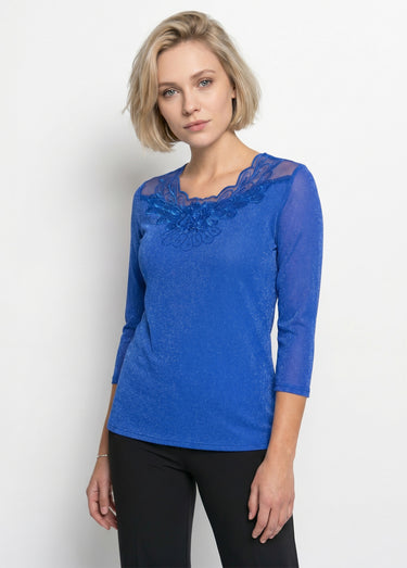 T-shirt manches 3/4 brodé brillant Bleu Cobalt