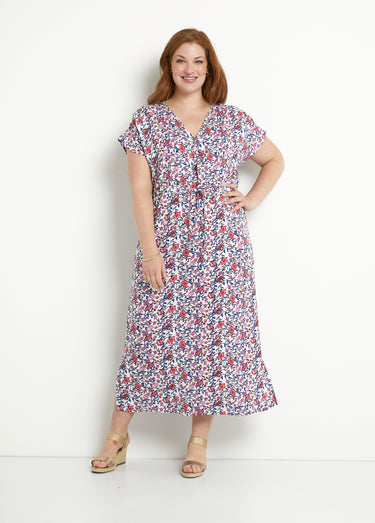 Robe longue fleurie cache-coeur manches courtes Bleu/Rose