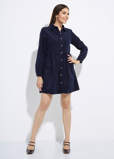 Robe chemisier en velours taille plissée Marine