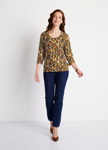 T-shirt court col rond manches 3/4 imprimé Fond Miel
