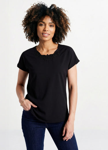 Top long manches courtes broderies col rond Noir