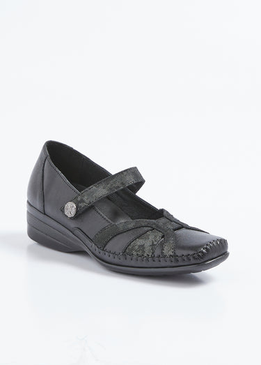 Ballerines largeur confort cuir scratchées Noir
