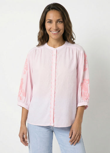 Chemisier ample vichy, broderies fluo Rose