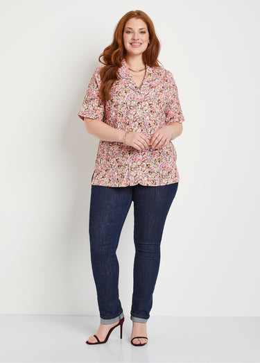 Chemisier long crêpe fleuri Rose/Orange