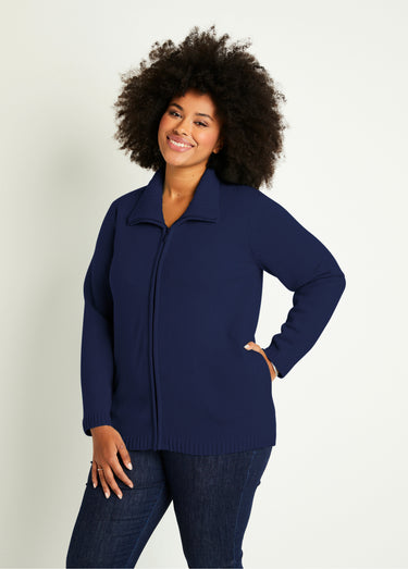 Gilet zippé long uni col montant Marine