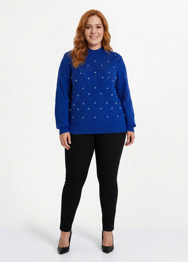 Pull doux ajouré perlé col montant Bleu