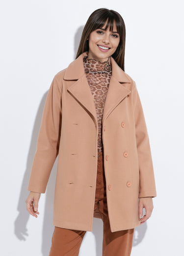 Caban long uni façon drap de laine Camel
