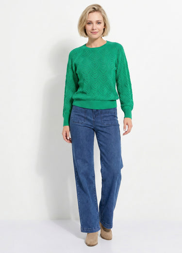 Pull doux court col rond uni ajouré Vert